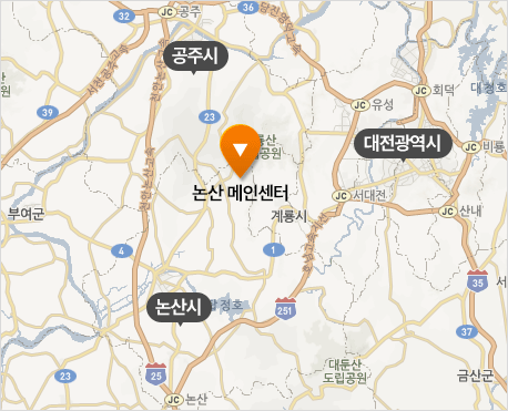 공주, 논산, 대전과 메인센터의 위치를 표시한 지도